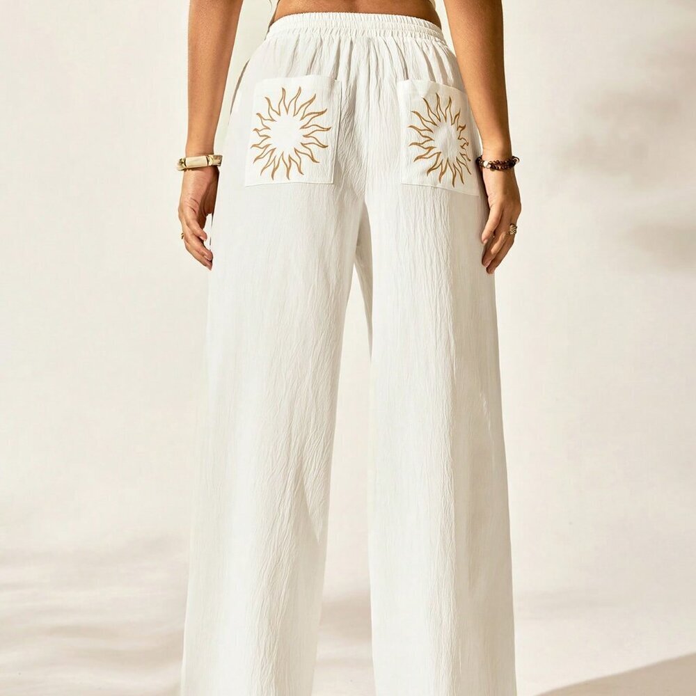 Apricot Casual Women's Bohemian Style Vacation Pattern Elastic Waist Drawstring - Picture 2 of 8